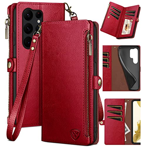 XcaseBar for Samsung Galaxy S24 Ultra Wallet case with Zipper Credit Card Holder RFID Blocking,Flip Folio Book PU Leather Shockproof Protective Cover Women Men for Samsung S24Ultra Phone case Red - color: Red Case