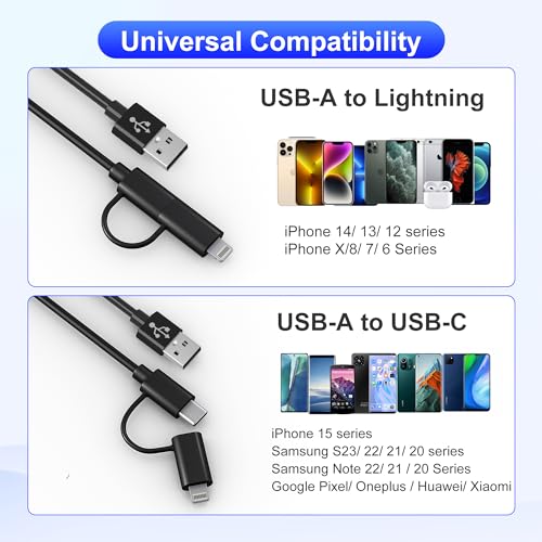 USB to USB-C and Lightning Cable Combo 2 in 1 Coiled Cable Support Apple Carplay & Android Auto [MFi & 3A Fast Charge & Data Sync] Coiled Lightning and USB C Cable for iPhone 17/16/15/14/13/12/Android - color: Black