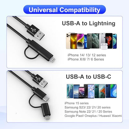 USB to USB-C and Lightning Cable Combo 2 in 1 Coiled Cable Support Apple Carplay & Android Auto [MFi & 3A Fast Charge & Data Sync] Coiled Lightning and USB C Cable for iPhone 17/16/15/14/13/12/Android - color: Black
