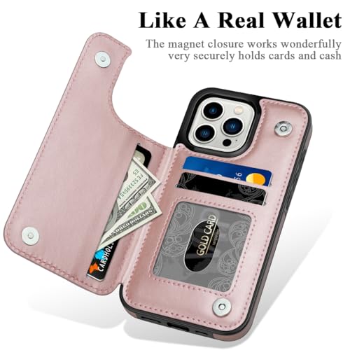 MMHUO iPhone 15 Pro Case, Magnetic Back Flip Wallet Case - Flower Pattern, Card Holder, Rose Gold - color: Rose Gold, size: Iphone 15 Pro 6.1"-(S)(Three Cameras)