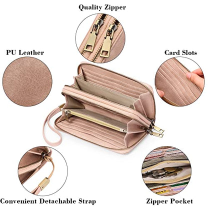 GAEKEAO RFID Leather Wristlet Wallet for Women with Grip Strap | Large capacity clutch wallet, credit card holder, wrist strap, zipper purse, travel and shopping - color: A10 Retro Light Pink-1
