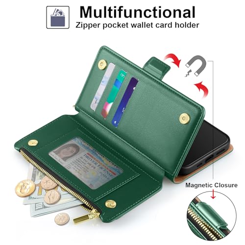 Antsturdy for iPhone 17 Phone Wallet Case Women,Green | RFID Blocking,with Credit Card Holder Slots,PU Leather Purse,Zipper Pocket,Wrist Strap Kickstand,Flip Folio Cover for Men - color: Green