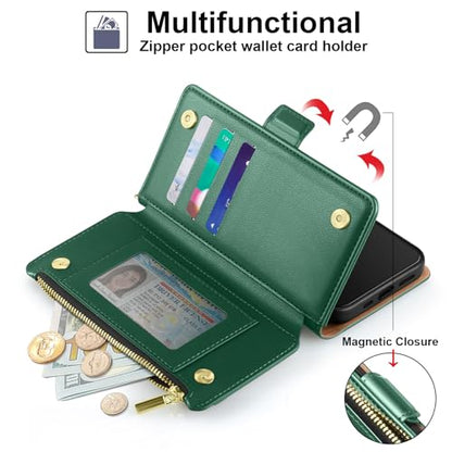 Antsturdy for iPhone 17 Phone Wallet Case Women,Green | RFID Blocking,with Credit Card Holder Slots,PU Leather Purse,Zipper Pocket,Wrist Strap Kickstand,Flip Folio Cover for Men - color: Green