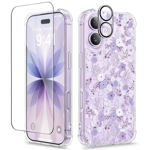 GVIEWIN for iPhone 17 Case Floral, Slim Clear Non-Yellowing | Shockproof Protective, Screen Protector+Camera Lens Protector, Women Phone Case for iPhone 17 6.3", Wild Rosa/Purple - color: Wild Rosa/Purple