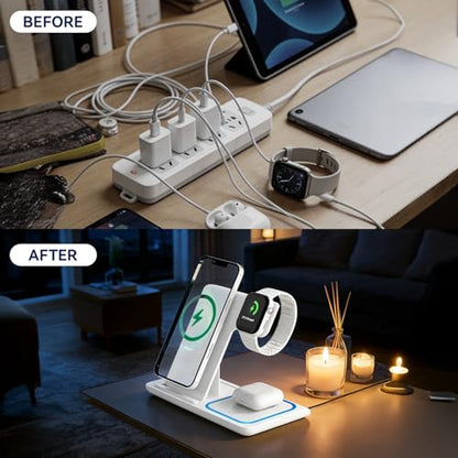 3 in 1 Portable Wireless Fast Charger for Apple & Android, Wireless Charging Station for iPhone17 16 15 14 13 12, Apple Watch & Air pods 4 3 2 Pro, Samsung Galaxy, White - color: White
