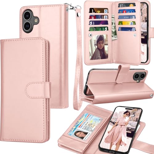 Tekcoo Wallet Case Compatible with iPhone 16 Plus (6.7 inch) 2024 Luxury ID Cash Credit Card Slots Holder Carrying Pouch Folio Flip PU Leather Cover [Detachable Magnetic Hard Case] Strap [Rose Gold] - color: Rose Gold, size: 16 Plus