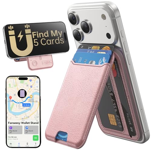 for MagSafe Wallet, Works with Apple Find My,5 Card Holder with Stand, Magnetic Phone Wallet Stand for iPhone 17/16/15/14/13/12 Pro Max Air Plus, RFID Blocking Vegan Leather,Rose Gold - color: Findmy Rose Gold