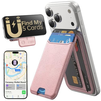 for MagSafe Wallet, Works with Apple Find My,5 Card Holder with Stand, Magnetic Phone Wallet Stand for iPhone 17/16/15/14/13/12 Pro Max Air Plus, RFID Blocking Vegan Leather,Rose Gold - color: Findmy Rose Gold