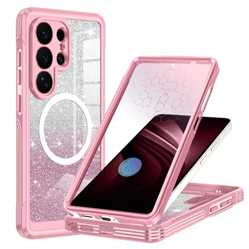 for Samsung Galaxy S26 Ultra Case, Built-in Tempered Glass Screen Protector, Full Body Protection & Camera Lens Guard, Fit for MagSafe & Military Grade Shockproof, with Glitter Card, Pink - color: Pink, size: Samsung Galaxy S26 Ultra