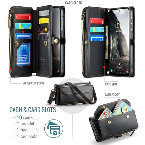 Asuwish Phone Case for Samsung Galaxy A17 5G Zipper Wallet Cover with Tempered Glass Screen Protector and Leather Flip RFID Blocking Credit Card Holder Cell Accessories A 17 17A 4G Women Girls Black - color: Black
