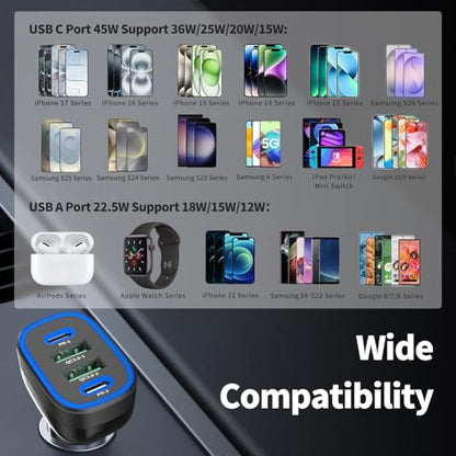 90W 4 Port USB C Super Fast Car Charger for iPhone 18 Pro Max/17/16/Android