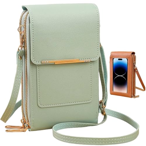 Women's Touch Screen Mobile Phone Messenger Bag, RFID Leather Crossbody Wallet Purse, Anti-Theft Shoulder Strap - color: Light Green