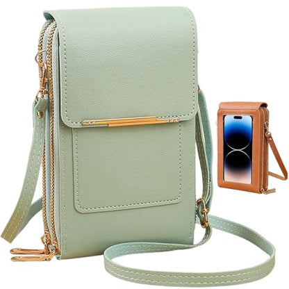 Women's Touch Screen Mobile Phone Messenger Bag, RFID Leather Crossbody Wallet Purse, Anti-Theft Shoulder Strap - color: Light Green