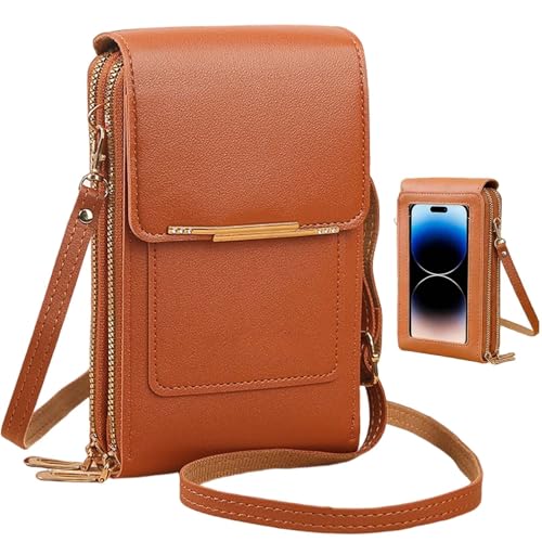 Women's Touch Screen Mobile Phone Messenger Bag, RFID Leather Crossbody Wallet Purse, Anti-Theft Shoulder Strap - color: Brown