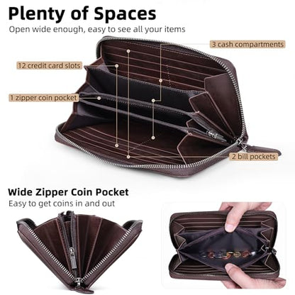 VISOUL Leather Long Zipper Pouch Wallet for Men and Women with RFID Blocking, Large Clutch Cash Long Wallet with Zipper (Coffee) - color: Coffee