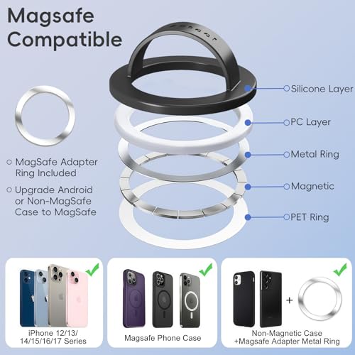 Anteel Magnetic Silicone Ring Grip Phone Holder, Strong Magnetic Attraction, Comfy and Portable, Removable Finger Loop Grip for Magsafe Phone Case (Black) - color: Black