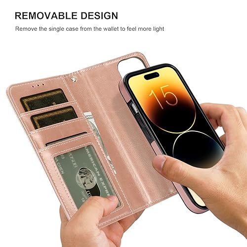 Bocasal Detachable Wallet Case Card Holder for iPhone 15, Rose Gold | RFID Blocking Kickstand Card Slots Holder PU Leather Magnetic Shockproof Wrist Strap Removable Flip Protective Cover 6.1 inch - color: Rose Gold