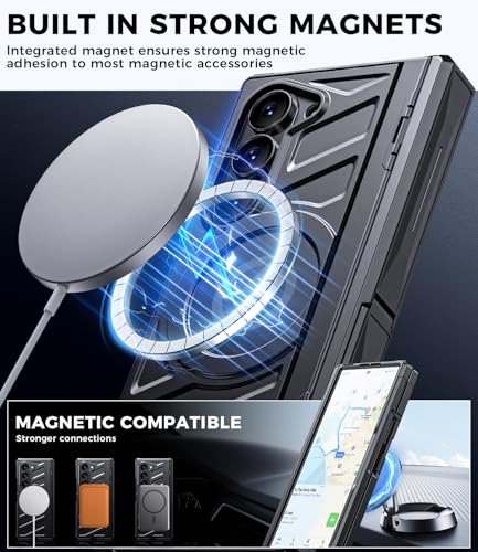 Magnetic for Galaxy Z-Fold-6 Case: Heavy Duty Armor Phone Case [Compatible with MagSafe][Hinge Protection][Dual Kickstand] Shockproof TPU+PC Cover for zfold 6 5G 2024 Black - color: Black