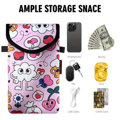 Neoprene Phone Sleeve Pouch Case Bag for Men Women w/Crossbody Strap/Neck Lanyard for iPhone 17/16/15/14 Pro Max, Samsung S25，Pixel 10 - color: Pink Cute Cartoon Hearts