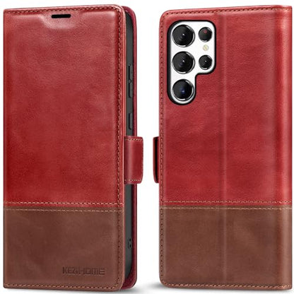 KEZiHOME Genuine Leather Wallet Case for Samsung Galaxy S25 Ultra | Red/Brown, RFID Blocking, S25 Ultra Wallet Case, Card Slot, Flip, Magnetic Stand Phone Cover Compatible with S25 Ultra - color: Red/Brown, size: Galaxy S25 Ultra Case