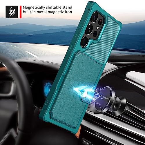for Samsung Galaxy S22 Ultra Case with Card Holder, Compatible with Magnetic Car Mount, Heavy Duty Shockproof Rugged Soft TPU Back Leather Flip Wallet Cover 6.8 inch, Green - color: Green, size: Samsung Galaxy S22 Ultra