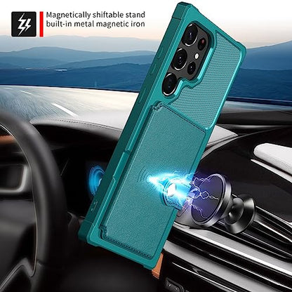 for Samsung Galaxy S23 Ultra Case with Card Holder, Compatible with Magnetic Car Mount, Heavy Duty Shockproof Rugged Soft TPU Back Leather Flip Wallet Cover Galaxy S23 Ultra 5G 6.8", Green - color: Green, size: Samsung Galaxy S23 Ultra