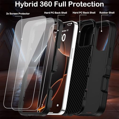 for iPhone 16 Pro Case with Screen Protector,Built-in Invisible Kickstand,Heavy Duty Shockproof Drop Protection Military Grade Tri-Layer Rugged Durable Cell Phone Cover for Apple 16 Pro 6.3" (Black - color: Black