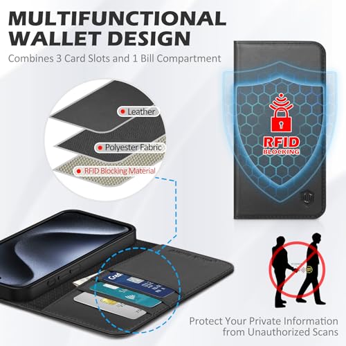 SHIELDON Genuine Leather Wallet Case for iPhone 15 Pro Max 6.7" 2023, Black | Magnetic Closure, RFID Blocking, Credit Card Holder, Kickstand, Folio Book Design, Soft Shockproof Phone Cover - color: Black