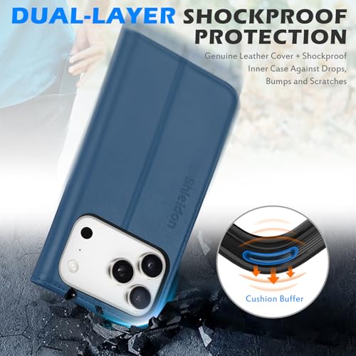 SHIELDON Genuine Leather Case Wallet for iPhone 17 Pro 6.3", Royal Blue | Flip Magnetic Cover, RFID Blocking, Credit Card Slot, Kickstand, Book Design, Soft Shockproof Phone Shell - color: Royal Blue