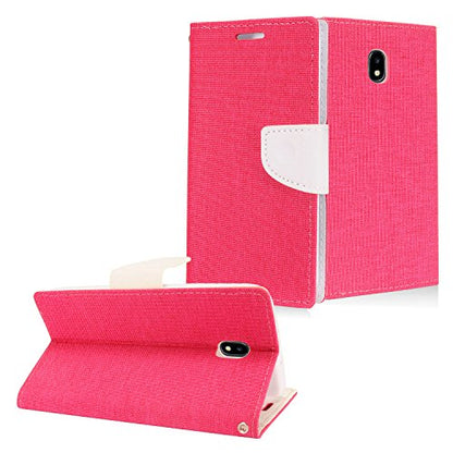 For Samsung Galaxy J7 (2018), J7 Refine, J7 Star, J7V 2nd Gen. SM-J737 - Denim Fabric Flip Wallet Case + Tempered Glass Screen Protector - White/Pink - color: CT5 White/Hot Pink