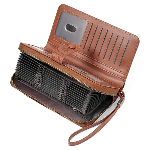 SENDEFN Women's Credit Card Holder RFID Blocking Zip Around Leather Wallet Large Capacity Long Purse with Wristlet - color: Brown