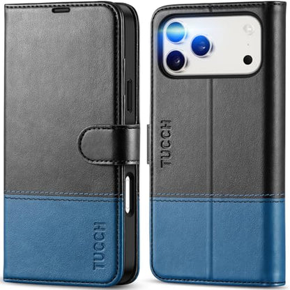 TUCCH Case Wallet for iPhone 17 Pro Max, RFID Blocking, Black & Light Blue | 4 Card Holders, Kickstand, PU Leather, Magnetic Closure, Shockproof TPU Shell, Protective Flip Cover - color: Two-tone Black & Light Blue