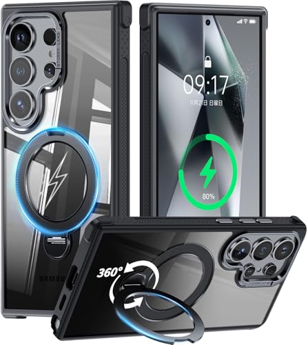 [360° Rotatable Invisible Magnetic Stand & Fit for MagSafe Designed for Samsung Galaxy S24 Ultra Case with Kickstand [Mil-Grade Shockproof] Clear Hard Back Cover for Galaxy S24 Ultra, Black - color: Black, size: For Galaxy S24 Ultra
