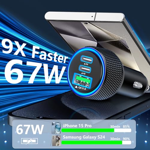 Apple MFi Certified iPhone 18 Pro Car Charger, 67W 3-Port USB-C Car Charger - color: Carbon Fiber Black