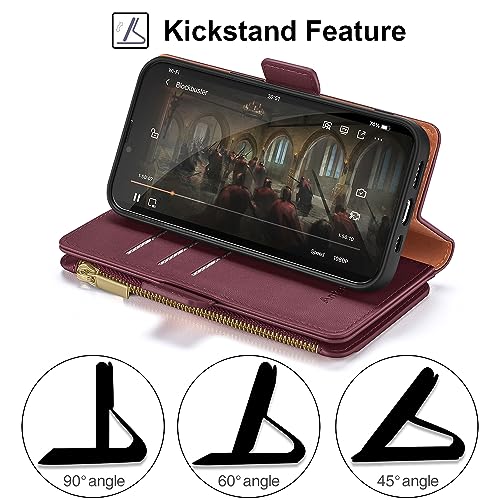 Antsturdy for iPhone 16 Pro Max Phone Wallet Case Women,Wine Red | RFID Blocking,with Credit Card Holder Slots,PU Leather Purse,Zipper Pocket,Wrist Strap Kickstand,Flip Folio Cover for Men - color: Wine Red