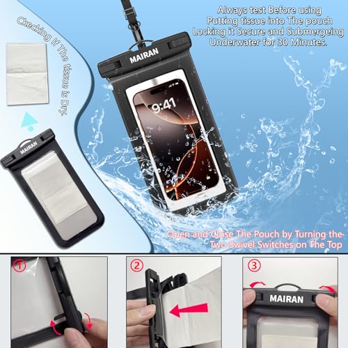 IPX8 Waterproof Phone Pouch Case 2Pack, Water Proof CellPhone Dry Bag for iPhone 16 15 14 13 12 11 Pro Max Plus XS, Galaxy S24 S23 4-7" Protector & Travel Essentials for Beach, Pool, Cruise-Black