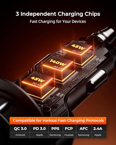 230W Car Charger USB C Fast Charge, PD 140W USB C Car Charger, 3-Port Cigarette Lighter USB Charger Adapter 12V-24V, Compatible with iPhone 17/16/15 MacBook iPad Laptop Samsung S25