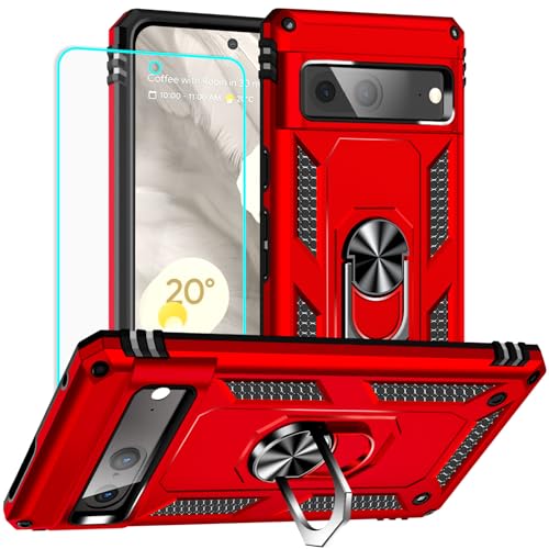 Yiakeng for Google Pixel 7 Case: with Screen Protector - Military Grade Protective Cases with Finger Ring Holder Kickstand for Pixel 7(Red) - color: Red, size: Google Pixel 7 Case