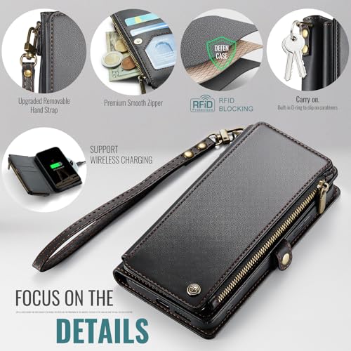 Defencase for Samsung Galaxy S24 Wallet Case with RFID Card Holder, Black | Durable Soft PU Leather, with Zipper Pocket, Wrist Strap, Fashion Snap Flip S24 Phone Cases Cover with Stand for Women Men - color: Black