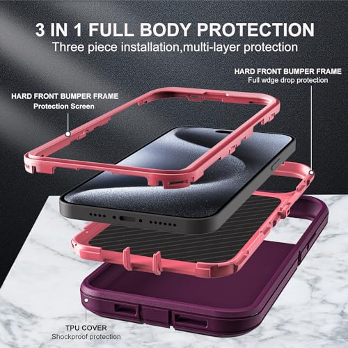 YKHJKLEC for iPhone 15 Pro Case, Military Grade 3 in 1 Heavy Duty Shockproof/Drop Proof/Dust Proof Case with 2Pcs Tempered Glass Screen Protector (Purple/Pink) - color: Purple/Pink