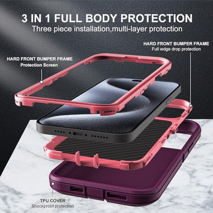 YKHJKLEC for iPhone 15 Pro Case, Military Grade 3 in 1 Heavy Duty Shockproof/Drop Proof/Dust Proof Case with 2Pcs Tempered Glass Screen Protector (Purple/Pink) - color: Purple/Pink