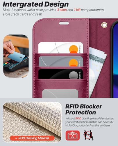 OCASE for iPhone 17e Case/iPhone 16e Detachable Wallet Case with Card Holder, 2 in 1 Pu Leather Flip Folio with RFID Blocking Stand Wrist Strap Shockproof Phone Cover 6.1 Inch 2025, Burgundy - color: Burgundy, size: iPhone 16e/ iPhone 17e