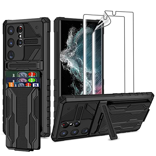 for Samsung Galaxy S23 Ultra Wallet Case with Card Holder, Black | Detachable Card Holder, Built-in Kickstand, with Screen Protectors - Soft 2 Pack, Military Grade, Full Body Shockproof - size: for Galaxy S23 Ultra - 6.8''