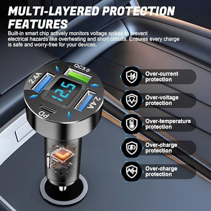 LivTee 4-Port Car Charger, 12-24V Cigarette Lighter Adapter with 3 USB & 1 USB-C Port, Supports QC/PD Fast Charging, Features Digital Display and LED Lights, Fits iPhone, Fits Samsung and More Phones