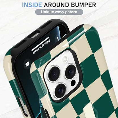 KANGHAR Compatible with iPhone 16 Pro Case Checkered -Green White | Silicone Cute Pattern, Finger Hold Wristband Kickstand Camera Protection Soft Slim Phone Case for Girls Women - color: (Checkered)Green White, size: iPhone 16 Pro