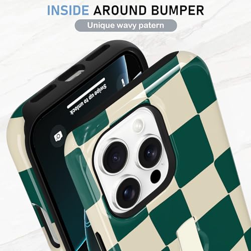 KANGHAR Compatible with iPhone 16 Pro Max Case Checkered -Green White | Silicone Cute Pattern, Finger Hold Wristband Kickstand Camera Protection Soft Slim Phone Case for Girls Women - color: (Checkered)Green White, size: iPhone 16 Pro Max