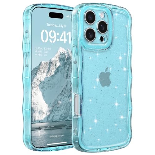 FABSPARK for iPhone 13 Pro Max,Glitter Wavy Clear PC Case,Clear Blue | Cute Curly Wave | Non-Yellowing Transparent Acrylic | Case with Sparkly Bling for iPhone 13 Pro Max,Glitter Clear Blue - color: Glitter Clear Blue, size: for iPhone 13 Pro Max