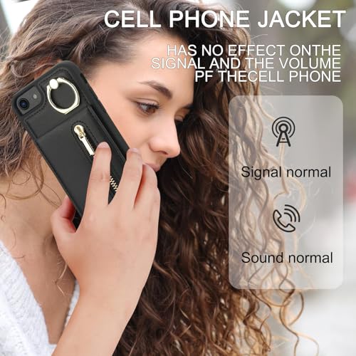 Crossbody Wallet Case for iPhone 7/8/SE 2020/SE 2022, with Card Slots Zipper Pocket Case, Flip Folio Purse RFID Blocking with Ring Kickstand Detachable Strap-Black - color: Black, size: iPhone 7/8/SE 2020/SE 2022 (4.7")