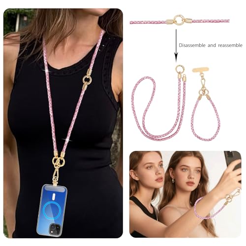 Crystal Phone Lanyard Crossbody Adjustable Rhinestone Anti-Theft Phone Strap Crossbody Cell Phone Neck Strap for Women - color: Pink