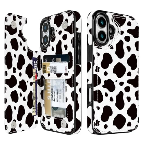 Compatible with iPhone 16 6.1" Wallet Case with Card Holder Folio Flip PU Leather Kickstand Card Slots Case Double Magnetic Clasp and RFID Blocking (Black Cow Print) - color: Black Cow Print, size: iPhone 16 6.1 inch